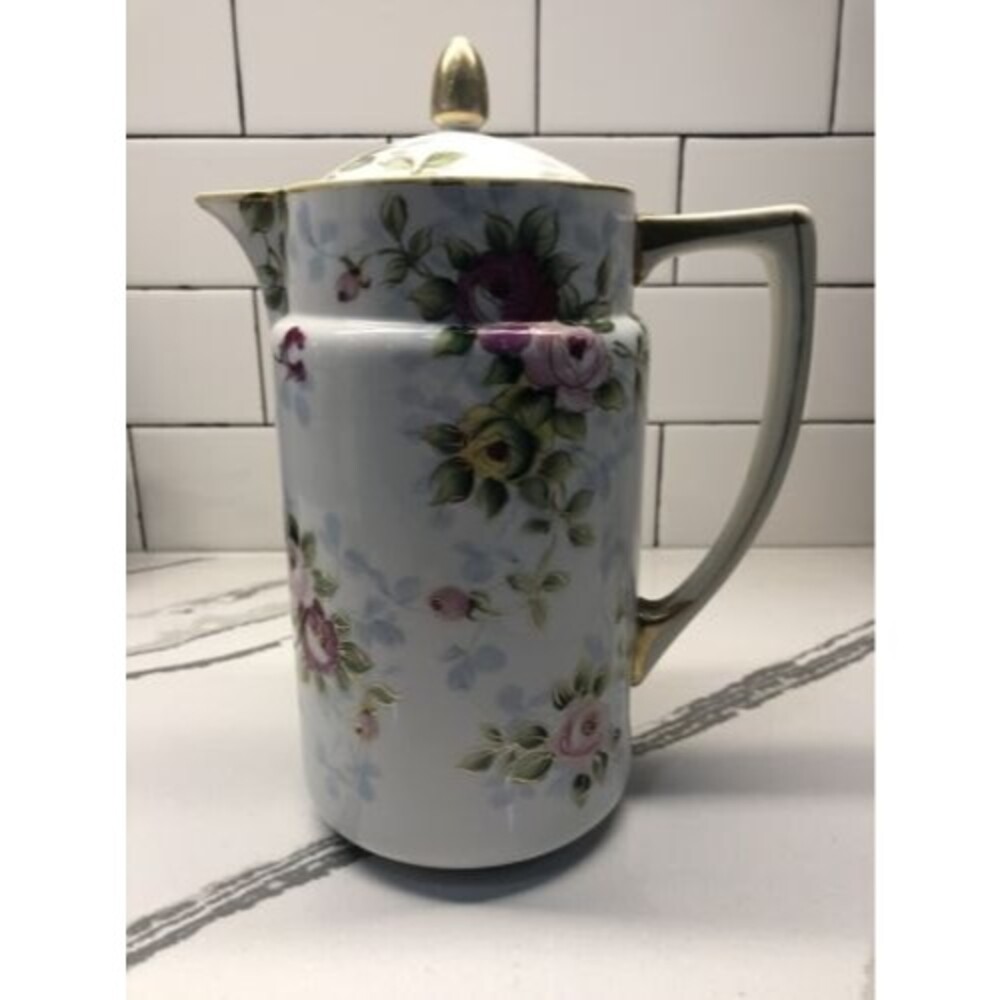 Antique Nippon Chocolate Pot C. 1890 - 1921, Roses, Raised Gold, Blue, White